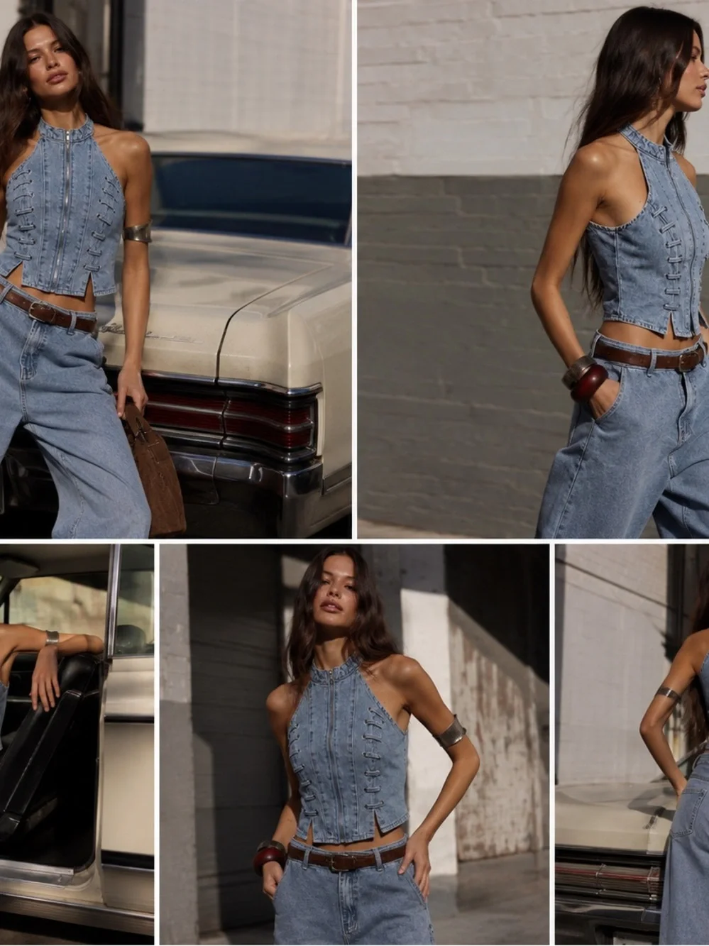Denim Lace-Up Halter Crop Top - Light Blue - Picture 5 of 6